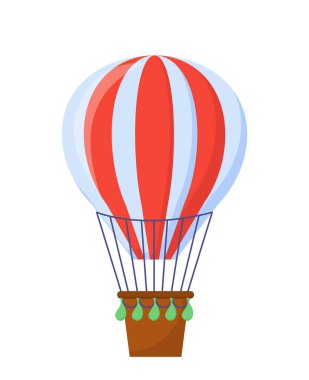 Büyük hava balonu konsepti. Kırmızı ve beyaz gökyüzü kum torbalarıyla taşınıyor. Seyahat ve uçuş. Web sitesi için grafik ögesi. Çizgi film düz vektör çizimi beyaz arkaplanda izole edildi