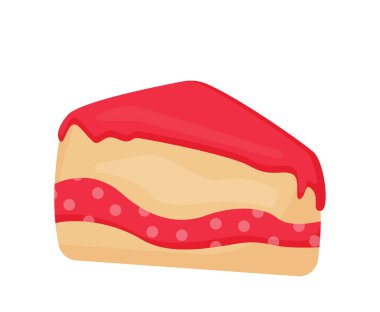 Tatlı pasta konsepti. Tatil ve festival için tatlı ve lezzet. Çilekli ya da vişneli bir dilim turta. Sosyal medya etiketi. Çizgi film düz vektör çizimi beyaz arkaplanda izole edildi