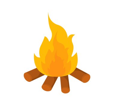 Kamp ateşi konsepti için. Yürüyüş ve aktif yaşam tarzı. Ateşli ve alevli kütükler. Web sitesi afişi ya da afişi. Çizgi film düz vektör çizimi beyaz arkaplanda izole edildi