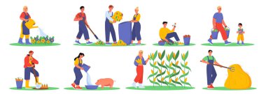 Bir dizi çiftlik işi konsepti. Erkekler ve kadınlar çiftlikte çalışır. Samanlı ve ekinli çiftçi. Tarım ve tarım, doğal ve organik ürünler. Çizgi film düz vektör koleksiyonu beyaz arkaplanda izole edildi