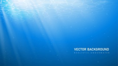 Gerçekçi su altyapısı. Metin ve sunum için sualtı alanı. Deniz ve okyanus ve güneş ışığı. Web sitesi afişi ya da afişi. Doku ve duvar kağıdı. Vektör illüstrasyonu