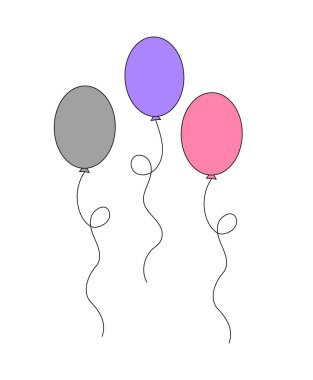 Şenlik süsleme balonları hattı. İplerde renkli hava balonları. Tatil ve festival için dekor öğeleri, doğum günü. Beyaz arkaplanda izole edilmiş doğrusal düz vektör çizimi