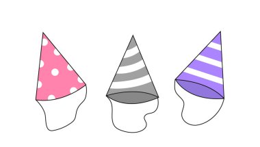 Şenlik dekorasyonları serisi. Parti için renkli şapkalar. Tatil ve festival, doğum günü. Sosyal ağlar için çıkartmalar. Beyaz arkaplanda izole edilmiş doğrusal düz vektör çizimi