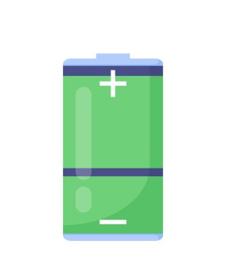 Alüminyum pil konsepti. Yeşil büyük alkali akümülatör. Enerji, voltaj ve elektrik. Şablon, yerleşim ve modelleme. Çizgi film düz vektör çizimi beyaz arkaplanda izole edildi