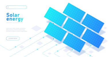 Güneş enerjisi beyaz bayrağı. Temiz elektrik için mavi güneş panelleri. Sürdürülebilir yaşam tarzı ve alternatif enerji kaynakları. Yenilikler ve modern teknolojiler. İzometrik vektör illüstrasyonu