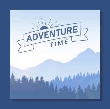 Vahşi orman afişi konsepti. Dağların ve ağaçların siluetleri. Çok güzel doğal bir manzara. Şablon, yerleşim ve modelleme. Çizgi film düz vektör çizimi mavi arkaplanda izole edildi