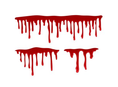 Kan sıçraması ayarlandı. Kırmızı sıvı damlaları. Canlandırmalar için tasarım ögesi. Dağılın ve grunge tarzında leke bırakın. Şablon ve düzen. Çizgi film düz vektör koleksiyonu beyaz arkaplanda izole edildi