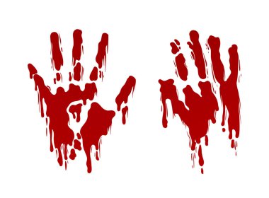 Kan sıçraması ayarlandı. Kırmızı sıvı damlaları. Canlandırmalar için tasarım ögesi. Kırmızı avuç içi izi ve siluet. Sosyal ağlar etiketi. Çizgi film düz vektör koleksiyonu beyaz arkaplanda izole edildi