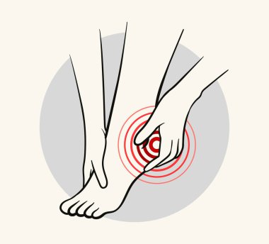 Vücut ağrısı anatomisi konsepti. Adam topuğu eliyle tutuyor. Tıbbî bilgiler. Web sitesi için grafik ögesi. Anatomik materyaller. Beyaz arkaplanda izole edilmiş doğrusal düz vektör çizimi