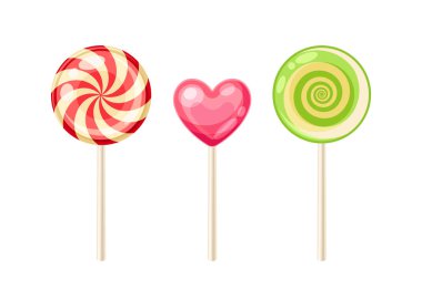 Çeşitli şekerler. Çubuklarda lolipop ve karamel. Tatlı ve lezzet. Pembe kalp şeklinde tatlı. Şablon ve düzen. Çizgi film düz vektör koleksiyonu beyaz arkaplanda izole edildi