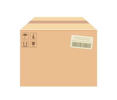 Karton kutu konsepti. Mal ve ürünler için paket ve paket. Sosyal ağlar ve kuryeler için etiket. Karikatür izometrik vektör çizimi beyaz arkaplanda izole edildi