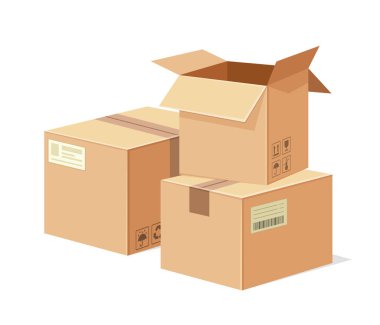 Karton kutu konsepti. Mal ve ürünler için paket ve paket. Depoda kutular var. Lojistik ve ulaşım. Karikatür izometrik vektör çizimi beyaz arkaplanda izole edildi