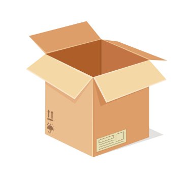Karton kutu konsepti. Mal ve ürünler için paket ve paket. Kafeden yemek teslimatı. Web sitesi için grafik ögesi. Karikatür izometrik vektör çizimi beyaz arkaplanda izole edildi