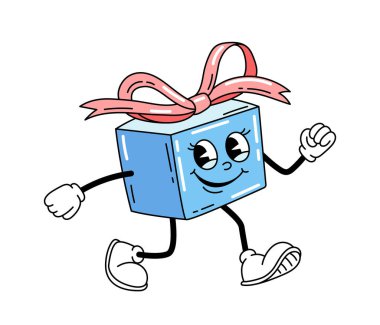 Hoş bir retro karakter konsepti. Eski tarzda bacaklı mavi hediye kutuları. 80 'li ve 90' lı yıllara, hippi dönemine. Hediye ve sürpriz. Çizgi film düz vektör çizimi beyaz arkaplanda izole edildi