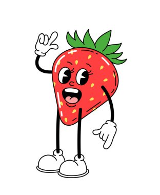 Hoş bir retro karakter konsepti. Bacakları eski tarzda çilek. 80 'li ve 90' lı yıllara, hippi dönemine. Vitaminli dut. Çizgi film düz vektör çizimi beyaz arkaplanda izole edildi