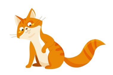 Tatlı turuncu kedi. Sevimli tüylü evcil hayvan. Sevimli hayvan koşuları. Büyük kuyruklu sürpriz kedi yavrusu. Şablon ve düzen. Çizgi film düz vektör çizimi beyaz arkaplanda izole edildi