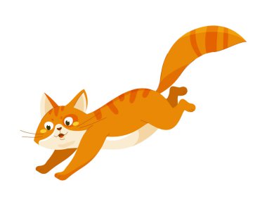 Tatlı turuncu kedi. Sevimli tüylü evcil hayvan. Sevimli hayvan koşuları. Doğadaki kedi memelisi. Şablon ve düzen. Çizgi film düz vektör çizimi beyaz arkaplanda izole edildi