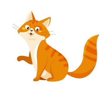 Tatlı turuncu kedi. Sevimli tüylü evcil hayvan. Sevimli hayvan bakıcılığı. Biyoloji ve vahşi yaşam, memeli. Poster ya da afiş. Çizgi film düz vektör çizimi beyaz arkaplanda izole edildi