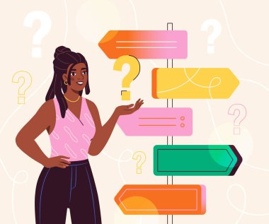 Seçme yeri konsepti. Yoldaki renkli okların yanında bir kadın. Çözüm ve susuzluk. Kavşaktaki plakanın yanında genç bir kız. Düşünceli ve düşünceli bir insan. Çizgi film düz vektör çizimi