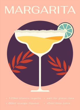 Kokteylli poster. Alkollü içki ve buzlu bardak. Margarita yaz sezonunda limonlu içecek. Lezzetli sıvı ve içecek. Şablon ve düzen. Çizgi film düz vektör çizimi