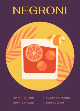 Kokteylli poster. Alkollü içecek, greyfurt ve buz. Negroni yaz mevsiminde narenciye ile birlikte içer. Web sitesi için grafik ögesi. Çizgi film düz vektör çizimi