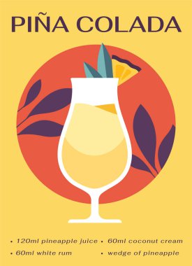 Kokteylli poster. Alkollü içki ve buzlu bardak. Yaz mevsimi için bir dilim ananaslı Pina colada içeceği. Web sitesi için kapak ya da afiş. Çizgi film düz vektör çizimi