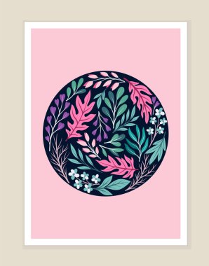 Çiçeklerle kaplı. Çiçekli broşür ve broşür. Minimalist yaratıcılık ve sanat. Bitkilerle çevrili pembe kaplama. Çizgi film düz vektör çizimi bej arkaplanda izole edildi