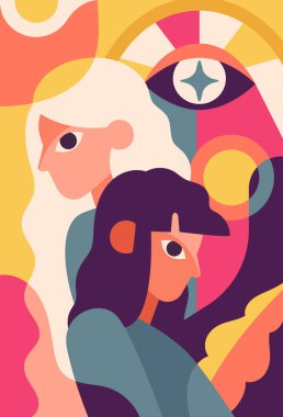 Kübizm minimalist posteri. Soyut yaratıcılık ve sanat retro tarzında. İki moda kadın. Güzellik, estetik ve zarafet. Sancak ya da web sitesi için kapak. Çizgi film düz vektör çizimi