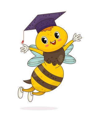 Tatlı arı çıkartması. Mezuniyet kazası geçiren siyah ve sarı çizgili bir böcek. Eğitim ve öğrenim. Biyoloji ve zooloji. Sosyal medya etiketi. Çizgi film düz vektör çizimi beyaz arkaplanda izole edildi