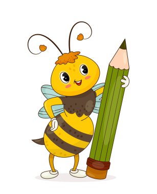 Tatlı arı çıkartması. Siyah ve sarı çizgili, kurşun kalemli böcek. Eğitim ve öğrenim. Biyoloji ve zooloji. Poster ya da afiş. Çizgi film düz vektör çizimi beyaz arkaplanda izole edildi