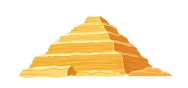 Mısır mimari unsuru konsepti. Sarı ve kum piramidi. Antik Afrika tarihi ve kültürü. Şablon ve düzen. Çizgi film düz vektör çizimi beyaz arkaplanda izole edildi