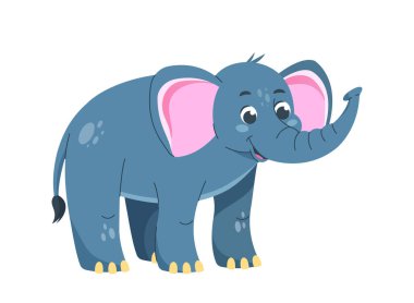 Şirin fil karakter çıkartması. Büyük kulaklı ve gövdeli bir hayvan. Afrika faunası ve vahşi yaşam. Şablon ve düzen. Çizgi film düz vektör çizimi beyaz arkaplanda izole edildi