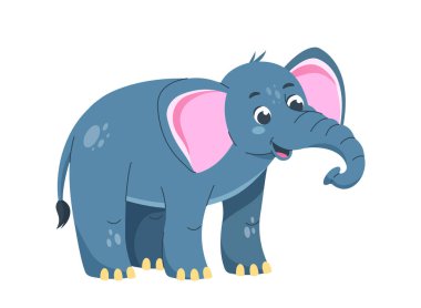 Şirin fil karakter çıkartması. Büyük kulaklı ve gövdeli bir hayvan. Hayvanlar ve vahşi yaşam. Web sitesi için grafik ögesi. Çizgi film düz vektör çizimi beyaz arkaplanda izole edildi