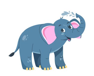 Şirin fil karakter çıkartması. Büyük kulaklı ve gövdeli bir hayvan. Hayvanlar ve vahşi yaşam. Memeliler kendilerini yıkarlar. Şablon ve düzen. Çizgi film düz vektör çizimi beyaz arkaplanda izole edildi