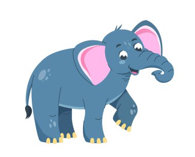 Şirin fil karakter çıkartması. Büyük kulaklı ve gövdeli bir hayvan. Hayvanlar ve vahşi yaşam. Çocuksu oyuncaklar ya da maskotlar. Poster ya da afiş. Çizgi film düz vektör çizimi beyaz arkaplanda izole edildi