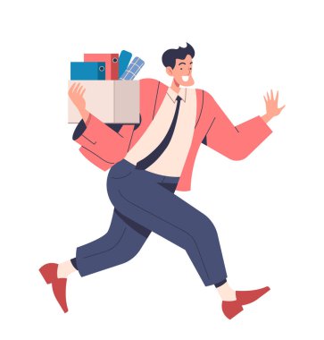 Mükemmel bir işten çıkarma konsepti. Renkli kitapları olan bir adam. İşten kaçan genç bir adam. Ofis sahnesi. Poster ya da afiş. Çizgi film düz vektör çizimi beyaz arkaplanda izole edildi