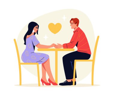 Aile sahnesi konsepti. Masada oturan kadın ve erkek. Romantik buluşmadaki genç adam ve kız. Aşk, tutku ve romantizm. Çizgi film düz vektör çizimi beyaz arkaplanda izole edildi