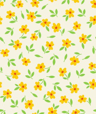 Çiçeklerle kusursuz desen. Kumaş üzerine baskı yapmak için tasarım ögesi tekrarlanıyor. Yapraklı sarı çiçekler. Çiçek ve çiçek açan bitkiler. Şablon ve düzen. Çizgi film düz vektör çizimi