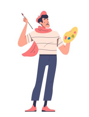 Fransız insan konsepti. Palet ve fırçalı geleneksel giysili bir adam. Fransa 'nın kültürü ve gelenekleri. Poster ya da afiş. Çizgi film düz vektör çizimi beyaz arkaplanda izole edildi