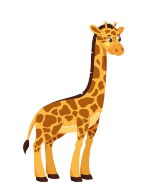 Şirin zürafa karakteri. Uzun benekli memeli. Afrika faunası ve vahşi yaşam. Sosyal ağlar ve kuryeler için etiket. Çizgi film düz vektör çizimi beyaz arkaplanda izole edildi
