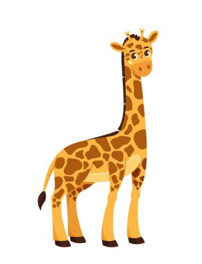 Şirin zürafa karakteri. Uzun benekli memeli. Afrika faunası ve vahşi yaşam. Sevimli Savannah sakini. Poster ya da afiş. Çizgi film düz vektör çizimi beyaz arkaplanda izole edildi