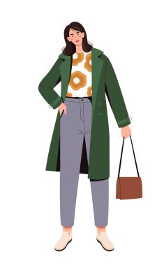 Şık giyinmiş bir kadın. Moda ve modaya uygun giyinmiş genç bir kız. Elinde çanta var. Web sitesi için grafik ögesi. Çizgi film düz vektör çizimi beyaz arkaplanda izole edildi
