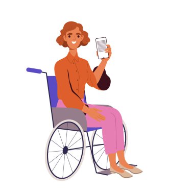 Akıllı telefonu olan mutlu bir insan. Tekerlekli sandalyedeki kadın telefonunu gösteriyor. Cihazı ve aleti olan genç bir kız. Poster ya da afiş. Çizgi film düz vektör çizimi beyaz arkaplanda izole edildi