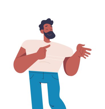 Gülümseyen mutlu insan. Yüz ifadesi ve duygular. Parmakla işaret eden adam. Ruh hali ve duygular. Poster ya da afiş. Çizgi film düz vektör çizimi beyaz arkaplanda izole edildi