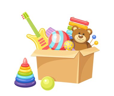 Çocuklar için oyuncak dolu bir kutu. Gitar, ksilofon ve oyuncak ayı. Eğlence, eğlence ve eğlence. Web sitesi için grafik ögesi. Karikatür izometrik vektör çizimi beyaz arkaplanda izole edildi