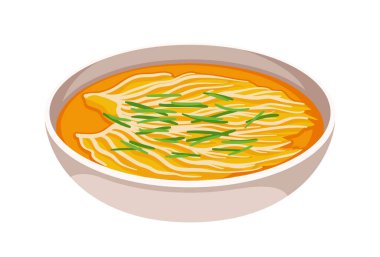 Kore yemeği konsepti. Makarnalı çorba ile kase. Kafe ve restoran menüsü, yemek servisi. Web sitesi için grafik ögesi. Çizgi film düz vektör çizimi beyaz arkaplanda izole edildi