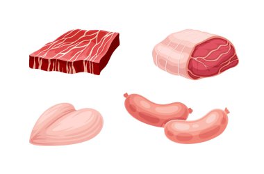 Et kesimi seti. Domuz eti ve tavuk ve sosisli biftek. Doğal ve organik yiyecekler ve yiyecekler. Sosyal ağlar için etiket. Çizgi film düz vektör koleksiyonu beyaz arkaplanda izole edildi