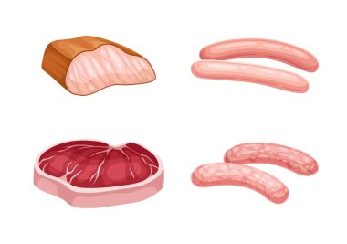 Et kesimi seti. Sosis ve biftek, domuz eti. Proteinli ürünler. Doğal ve organik yiyecekler ve yiyecekler. Şablon ve düzen. Çizgi film düz vektör koleksiyonu beyaz arkaplanda izole edildi
