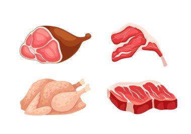 Et kesimi seti. Tavuk ve biftek, domuz eti. Doğal ve organik yiyecekler ve yiyecekler. Kurye ve sosyal medya etiketi. Çizgi film düz vektör koleksiyonu beyaz arkaplanda izole edildi