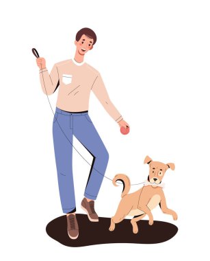 Köpekli bir insan. Tasması kabarık köpek yavrusu olan adam. Evcil hayvan sahibi dışarıda dolaşıyor. Sevgi ve evcil hayvan. Şablon ve düzen. Çizgi film düz vektör çizimi beyaz arkaplanda izole edildi